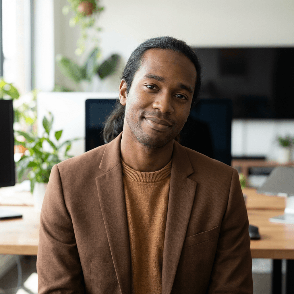 Daniel Osei, IT director, in a professional shirt in a bright office