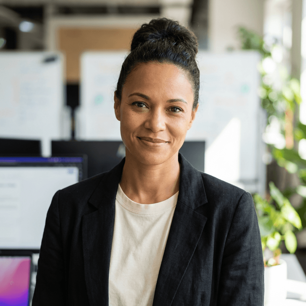 Female operations manager in her early 40s, White, confident professional demeanor in a modern office