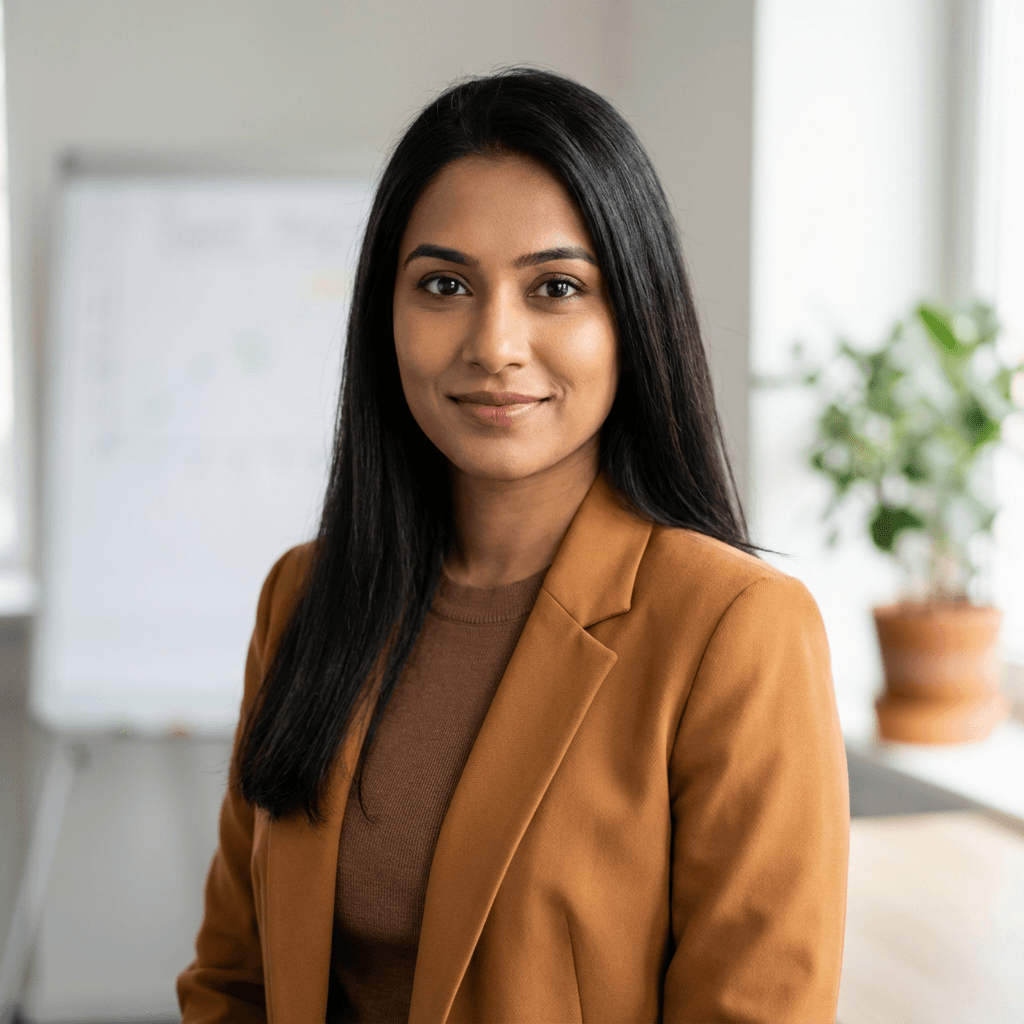 Priya Sharma, operations manager, in a business casual blazer in a modern office