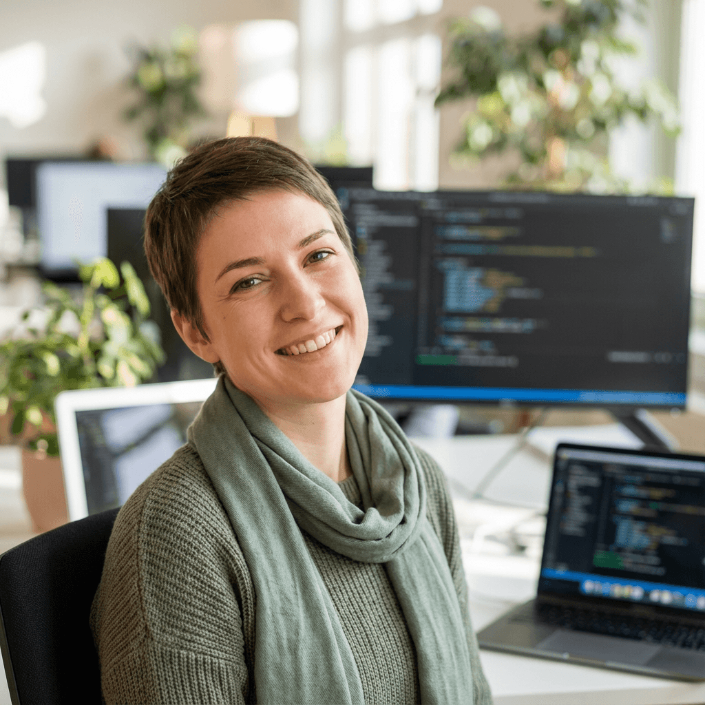 Female office manager in her early 30s, White, friendly professional style in a modern workplace