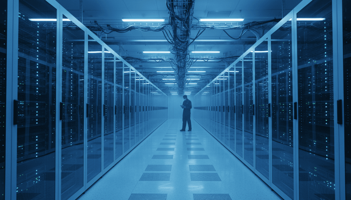 Modern data center with server racks and blue lighting