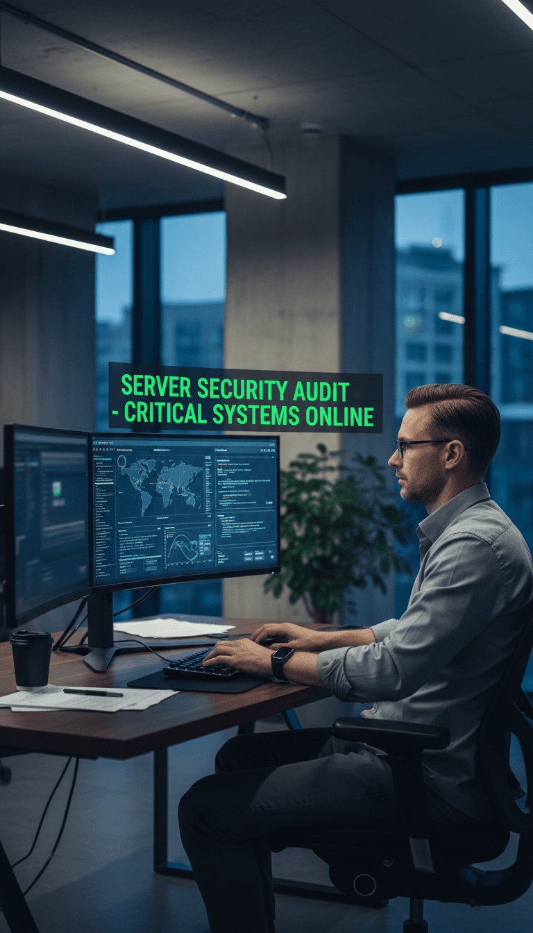IT specialist reviewing server security data on a monitor in a modern office