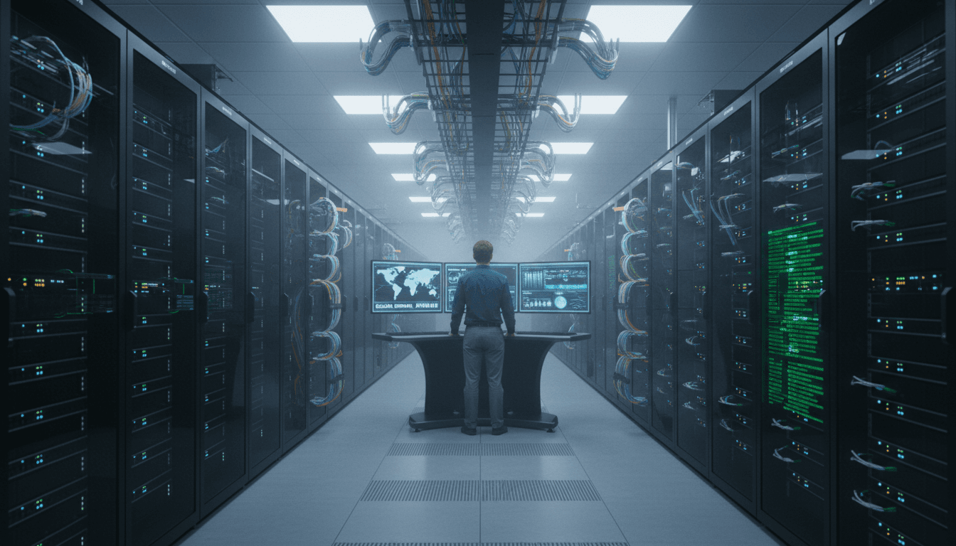 Data center servers being monitored and configured by IT professional