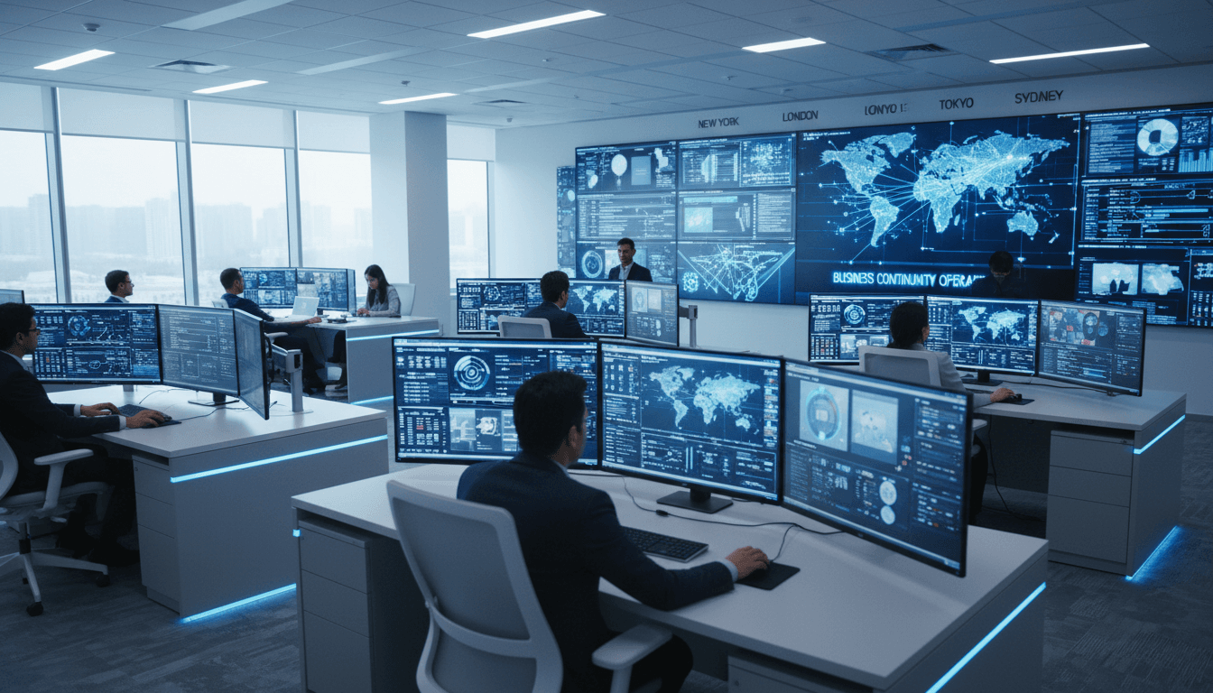 IT professional monitoring data backup systems on screens